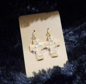Gold tone Rhinestone Cross Earrings Fishhook NWOT